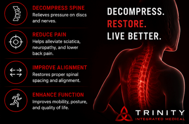 Animated graphic showing a spine advertising spinal decompression therapy