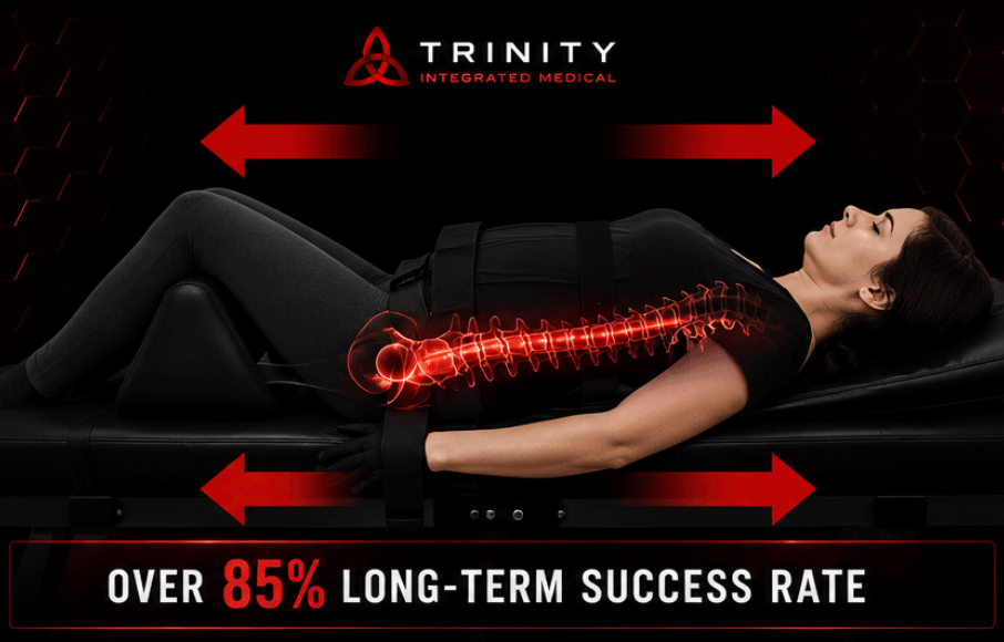 A woman on a spinal decompression table with an overlay graphic of the spine